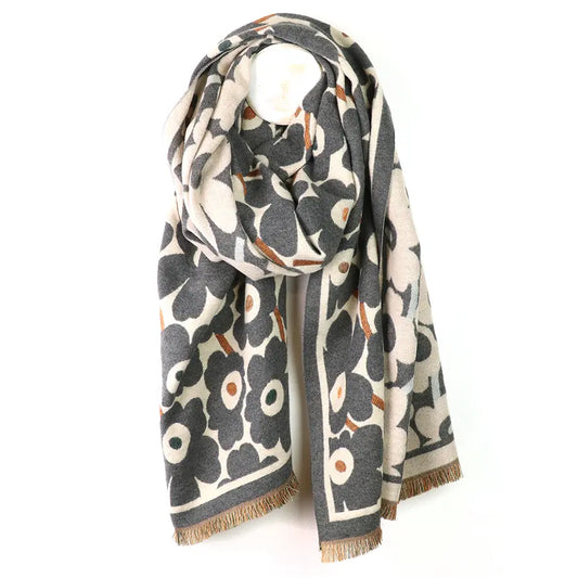 Grey poppy print jacquard scarf