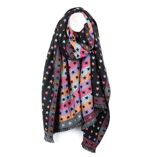 Black and multi jacquard stripes and stars scarf