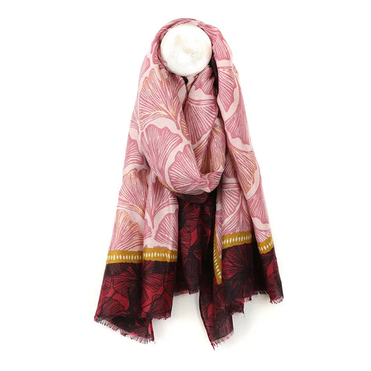 Red and gold mix ginkgo leaf print scarf