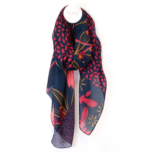 Recycled blend blue and raspberry mix multi print scarf