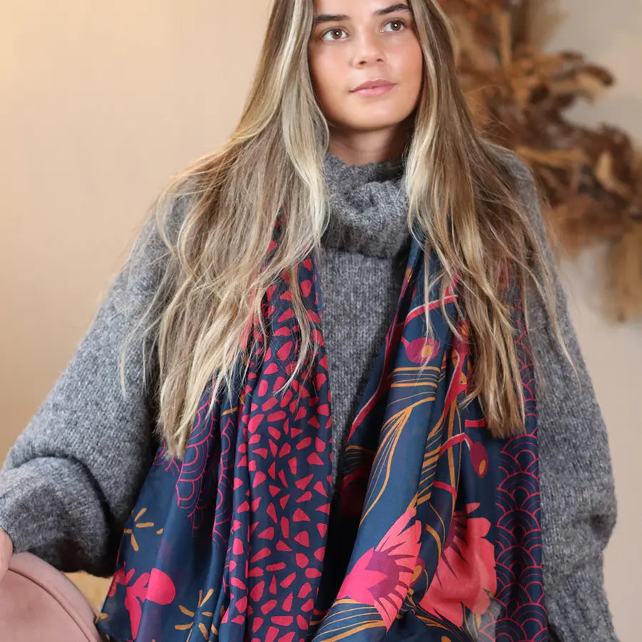 Recycled blend blue and raspberry mix multi print scarf