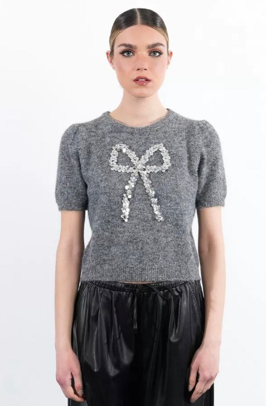 SHORT-SLEEVED SWEATER WITH SEQUIN BOW