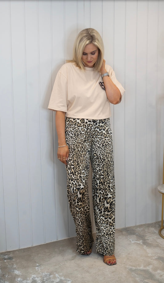Leopard print wide leg trousers
