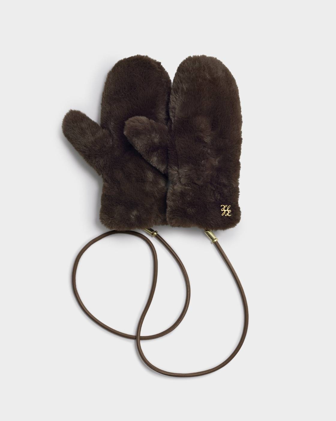 Faux Fur Mittens with Cord