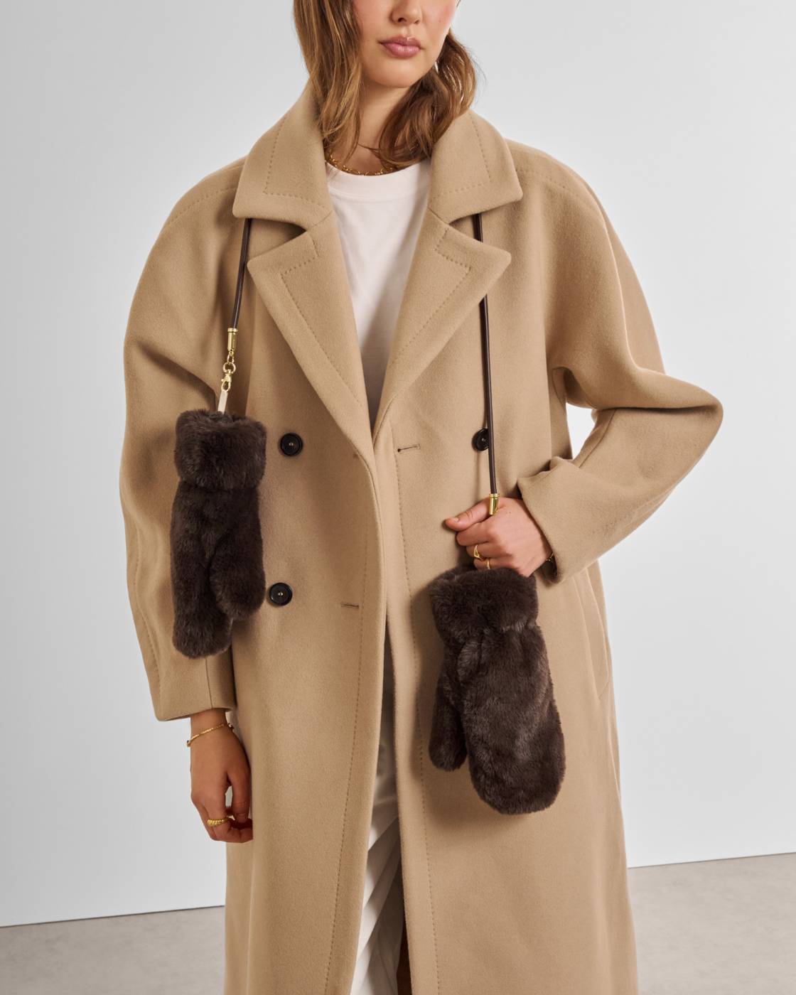 Faux Fur Mittens with Cord
