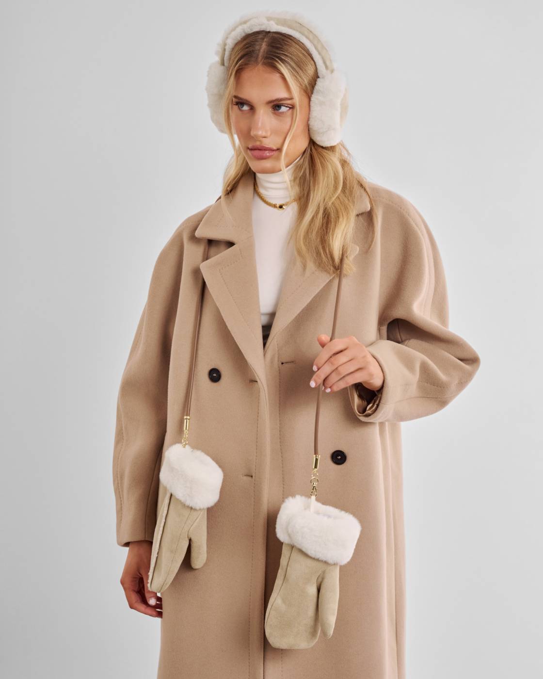 Faux Suede Mittens with Cord