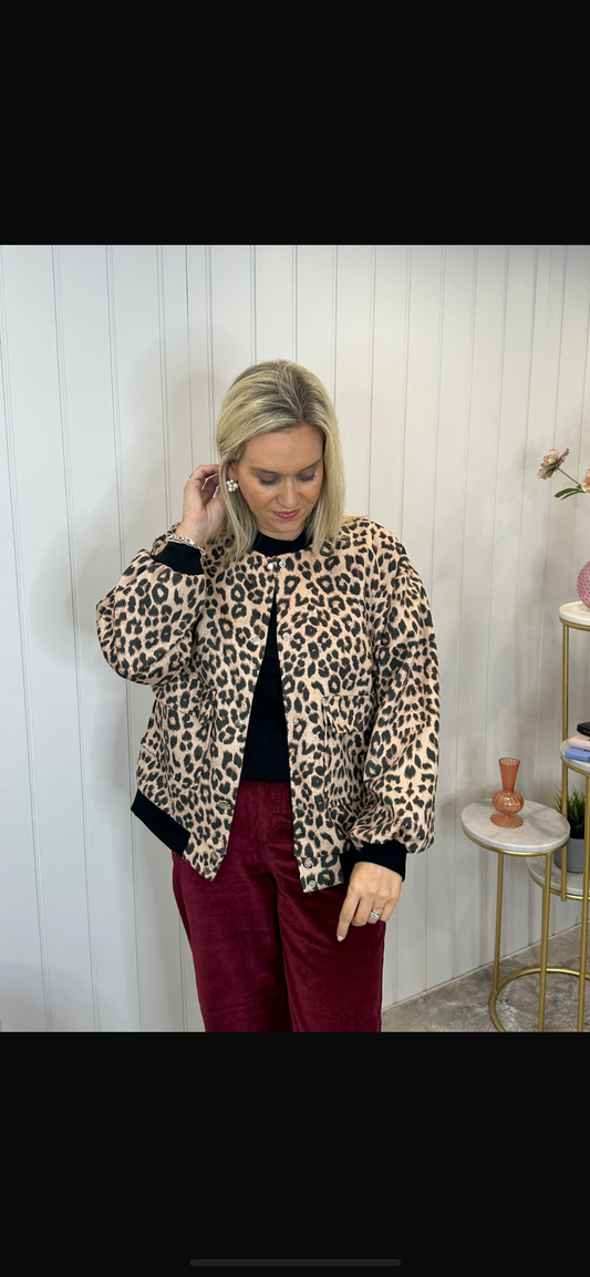 Leopard Print Suede Bomber Jacket